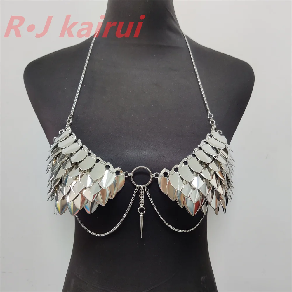 RJ Fashion Women Mermaid Fish Scales Neck Bra Chains Layers Chainmail Dragon Scale Shoulder Jewelry 2 Colors
