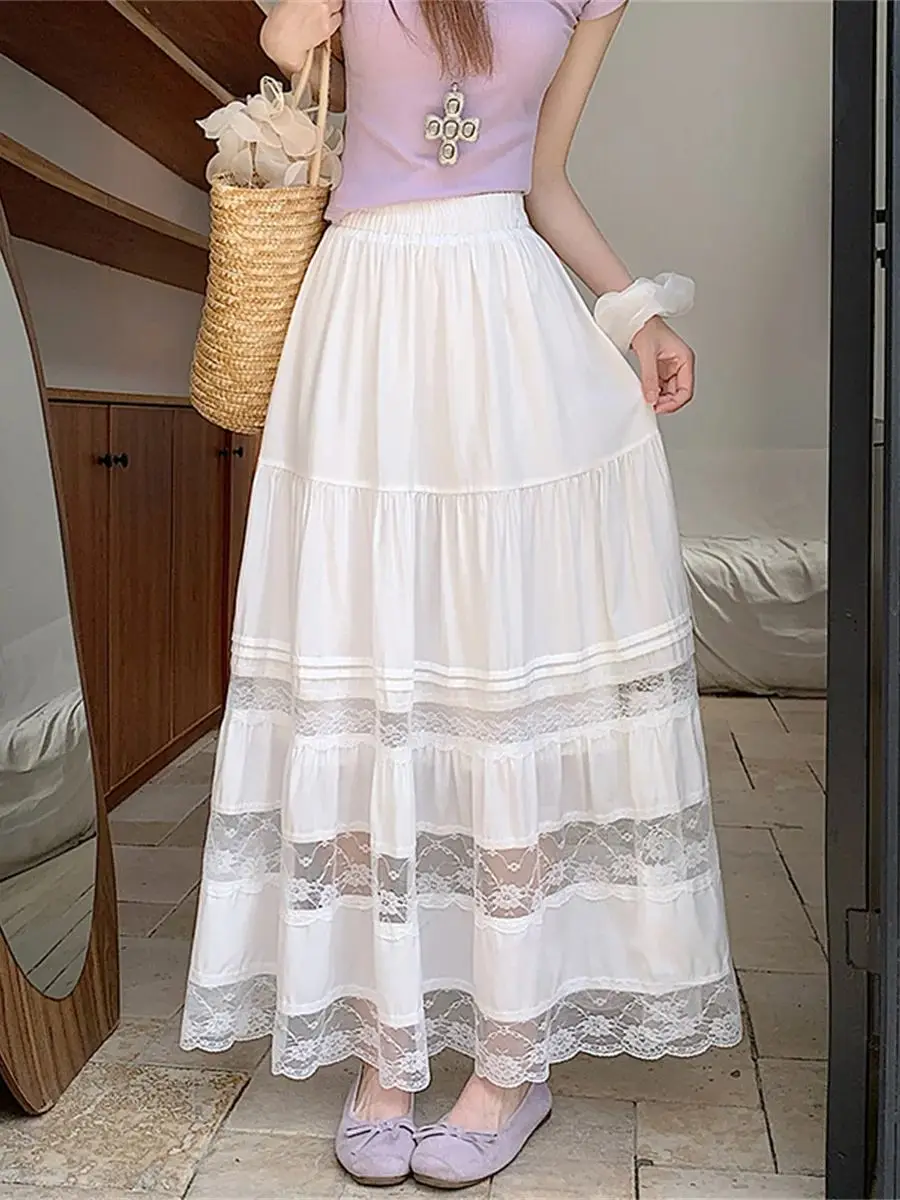 Korean Fashion Solid White Lace Splicing Long Skirts Summer Women's Elastic Waist Lace Hollow out Cotton Midi Skirts