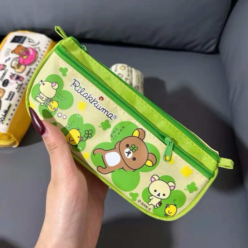 Rilakkuma Clover Canvas Print Pencil Case High Capacity Cosmetic Storage Bag Cartoon Anime Periphery Kawaii Girl'S Gift