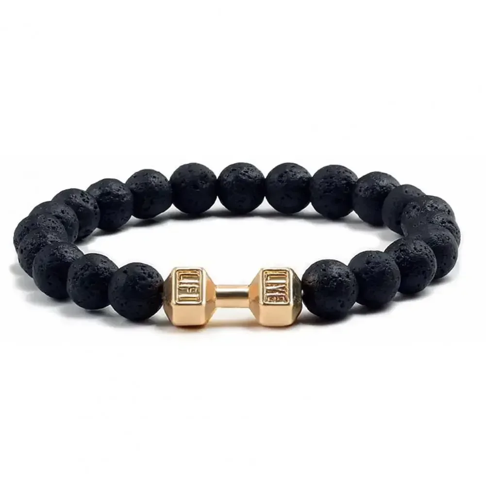 Pulsera Hombre Men Beaded Bracelet Natural Lava Stone Dumbbell Charm Bracelets Energy Fitness Barbell Fashion Women Jewelry