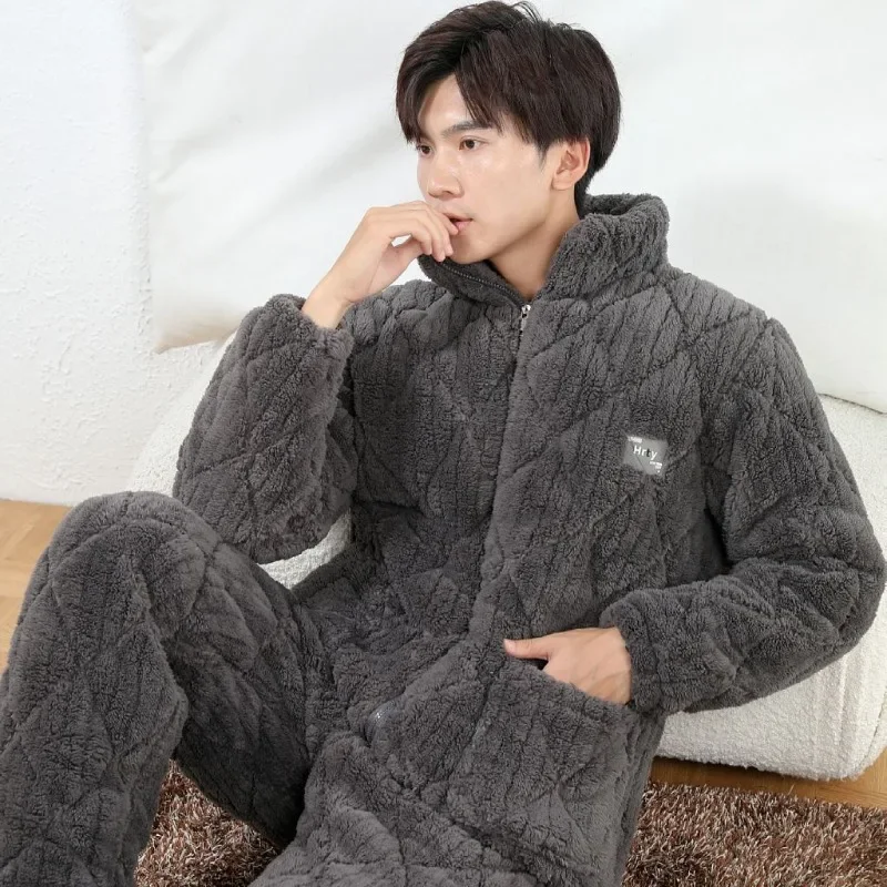 

2024 New Autumn Winter Men Pajamasthree Layers Extra-thick Flannel Padded Middle-aged Elderly Homewear Suit Warm Sleepwear