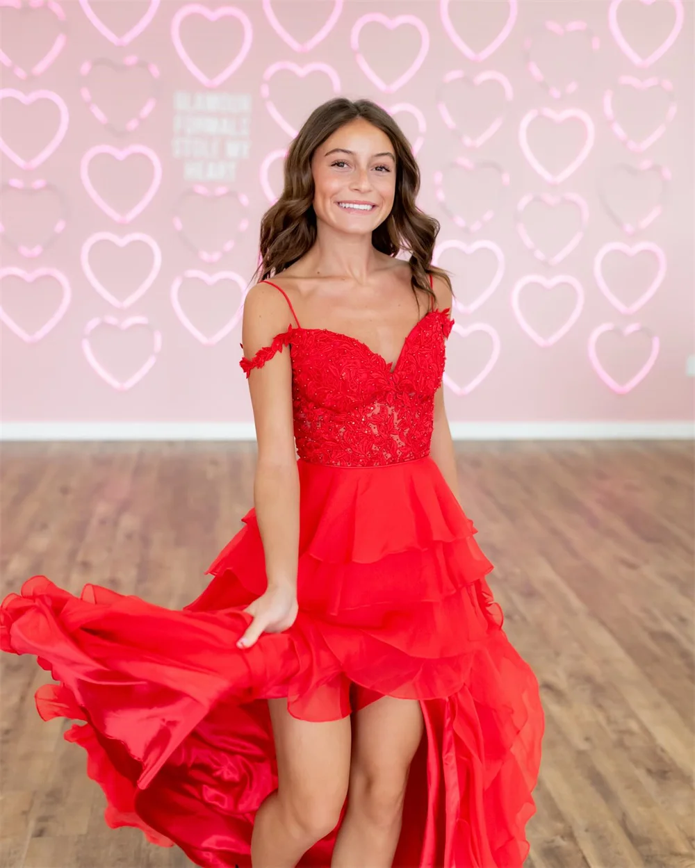 Amanda Customized Red Tiered Ruffle Side High Slit Prom Dresses Floor-Length vestidos de noche Sleeveless Formal Evening