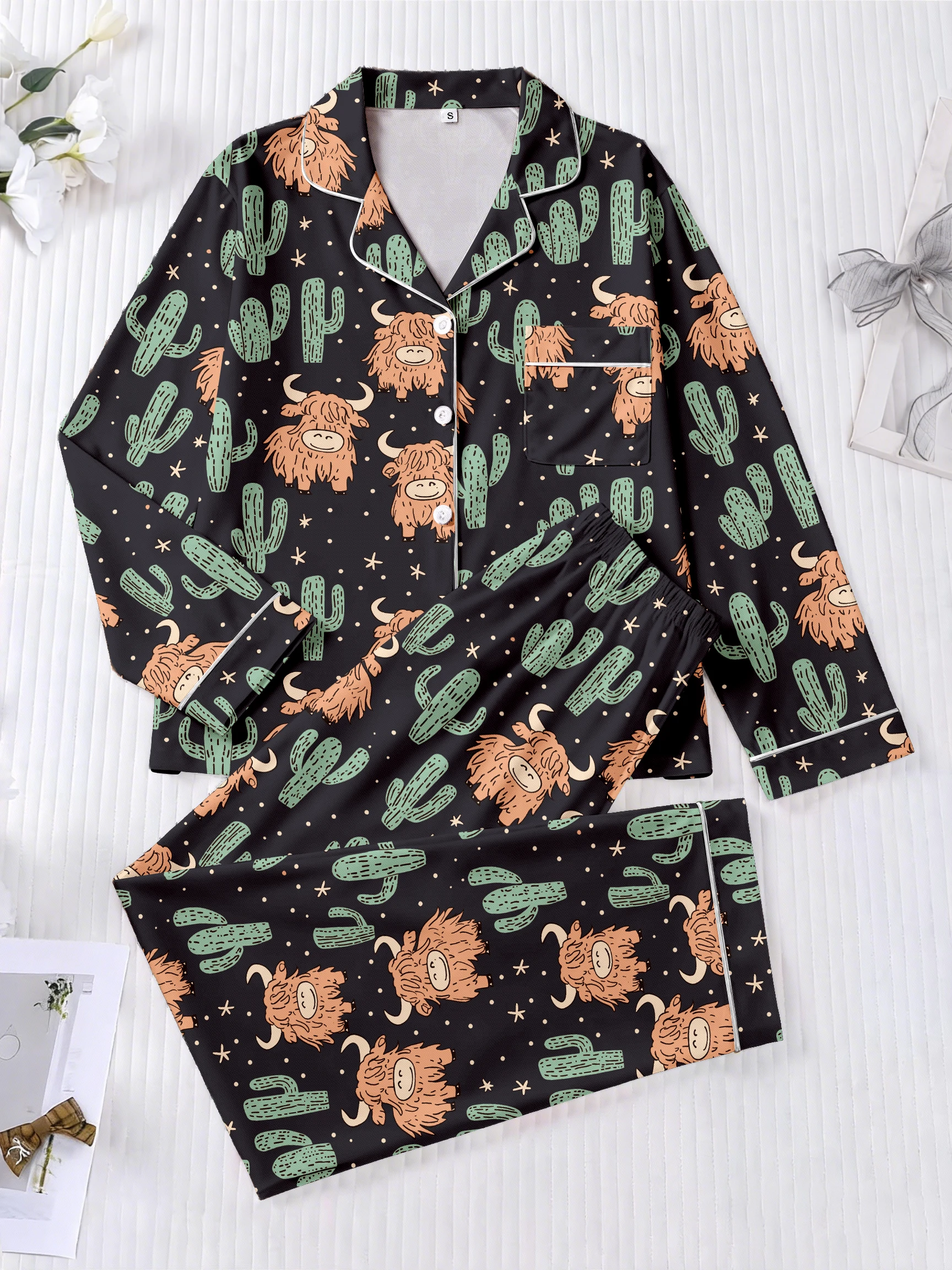 Women's home sleepwear set, cactus and yak printed sleepwear set, comfortable long-sleeved top and pants