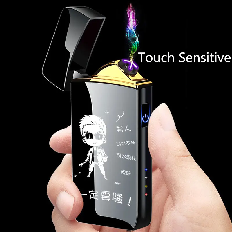 Double Arc Windproof Flameless Fingerprint Touch Lighter with LED Battery Display USB Touch Metal Plasma Lighter Men\'s Gift