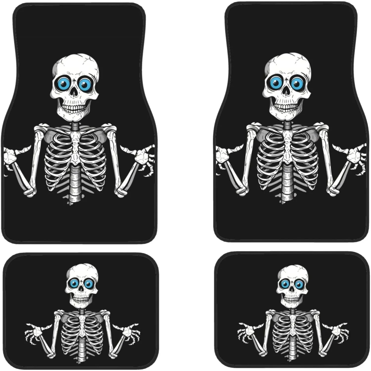 Set Of 4 Car Floor Mats Featuring A Cartoon-Friendly Human Skeleton Design, Suitable For Suvs, Trucks, Sedans, And Vans