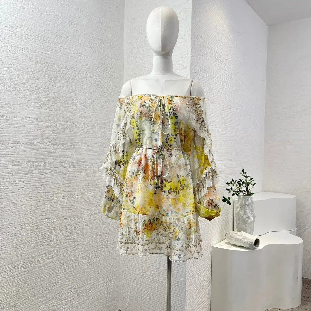 Yellow Floral Print Long Sleeve Off-shoulder Strapless Mini Dress Diamond Embellishments Elegant Dress