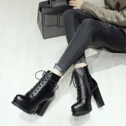 Women's Ankle Boots High Heels Fall Winter Platform Ladies Motorcycle Boots Thick Heels Lace-up Riding Boots Ladies Party Shoes