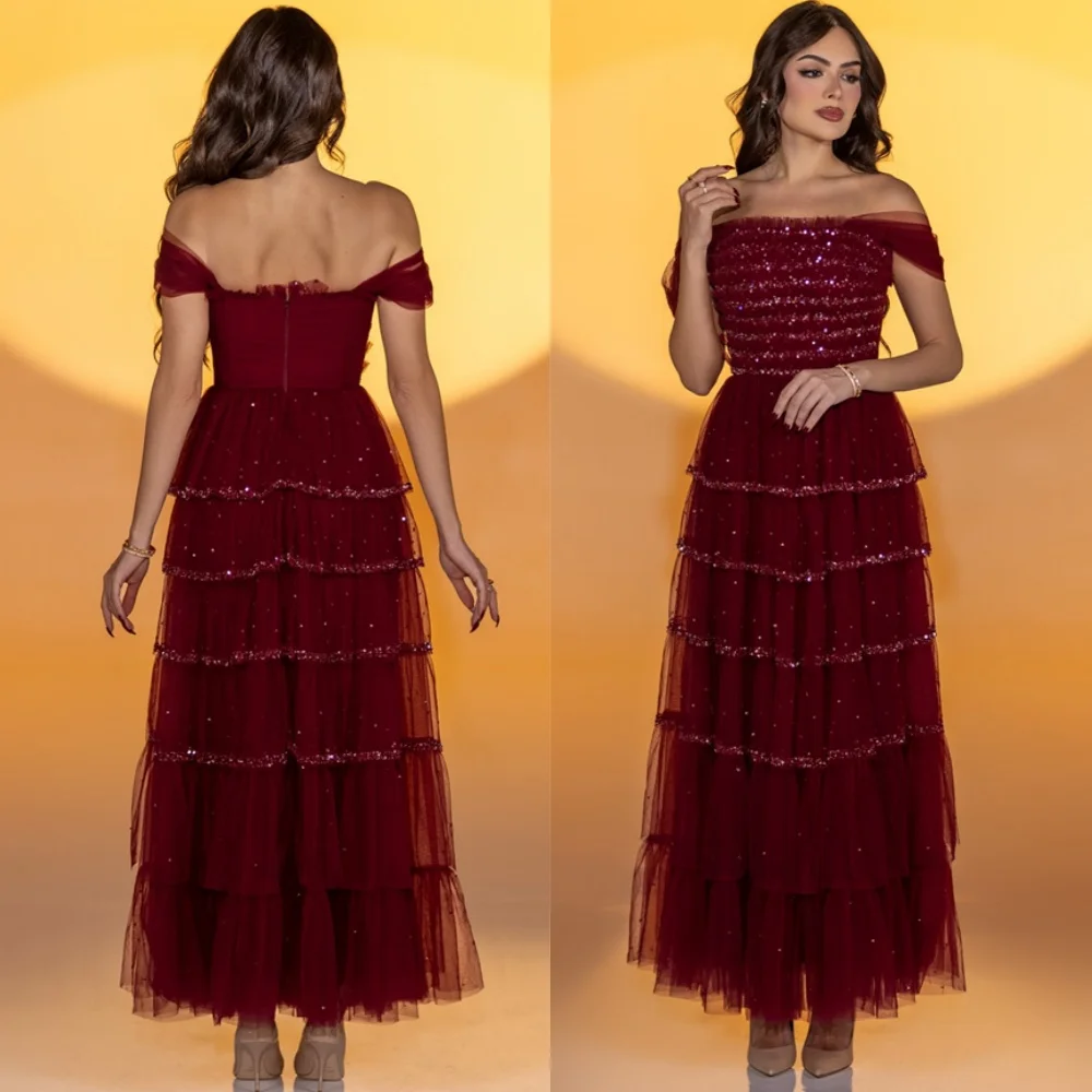 

Customized Modern Burgundy Tulle Evening Dresses Classic Off the Shoulder Homecoming Dresses Temperament Vestido De Festa