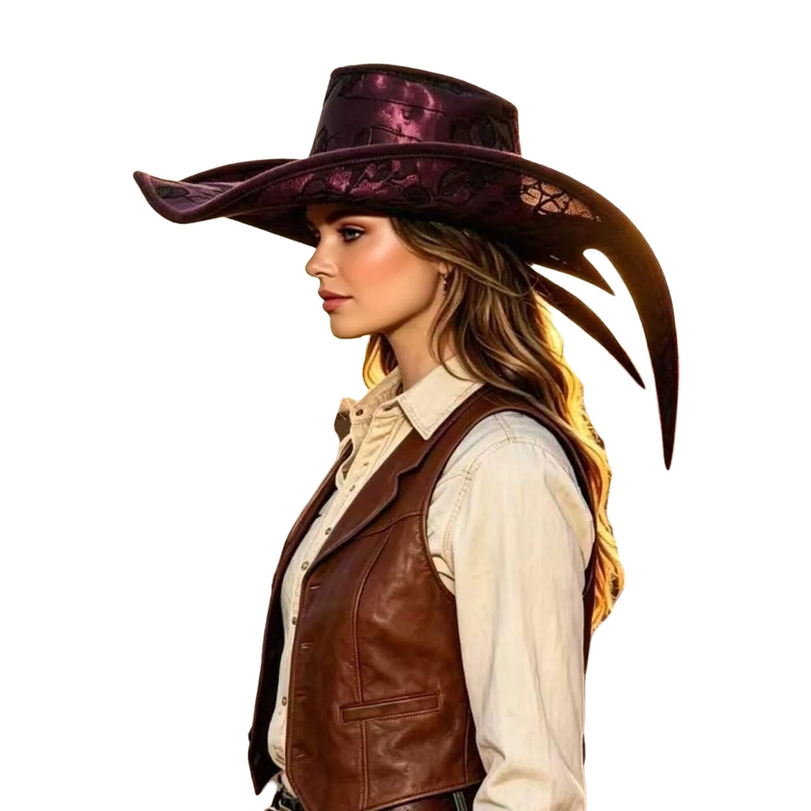 Adults Western Cowboy Cowgirl Hat Wide Brim Embossed Texture Cap Headwear for Halloween Role-playing Theme Party