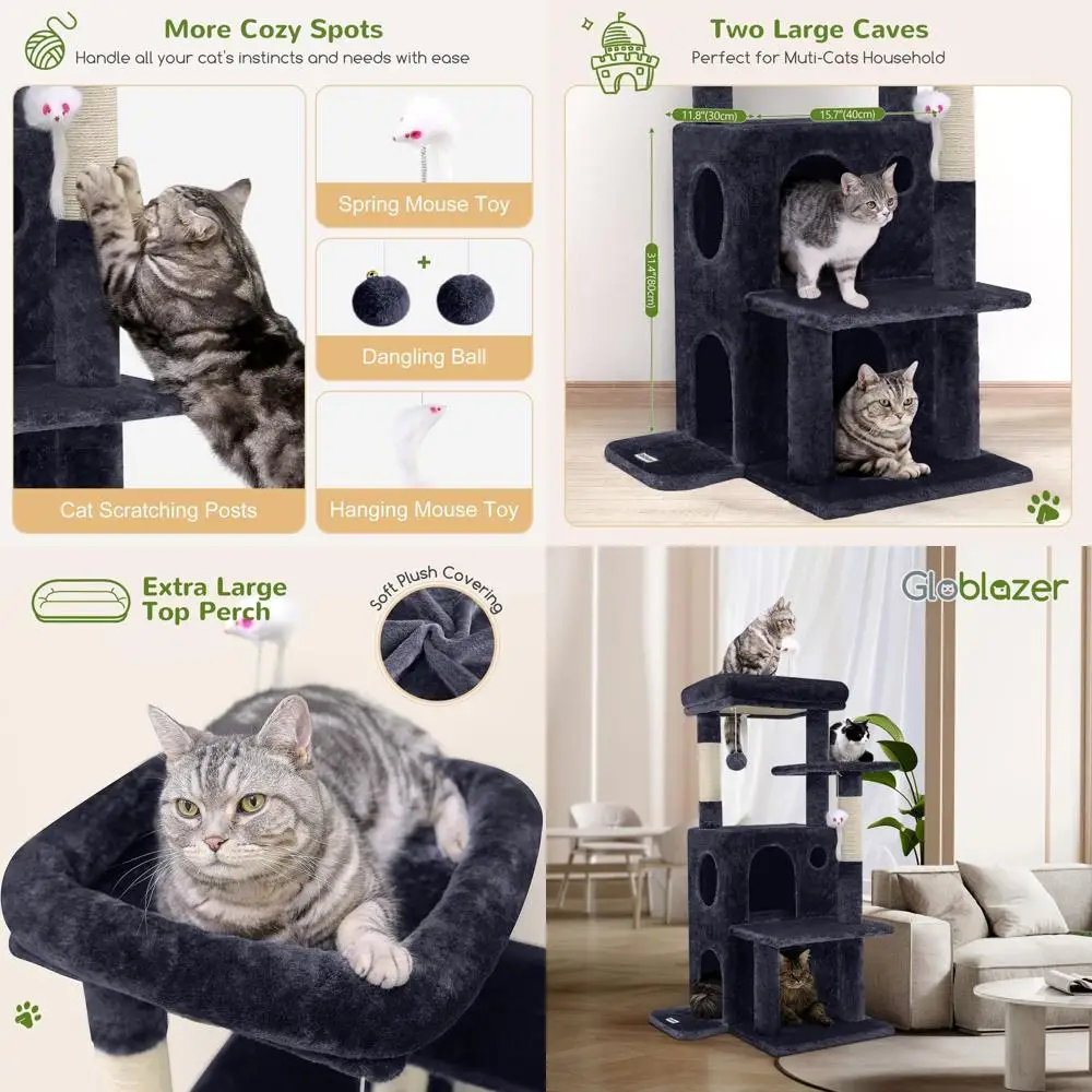 

50-дюймовый домашний кошачий домик на дереве со ступеньками, когтеточка, 2 пещеры, игрушки для больших кошек, темно-серый