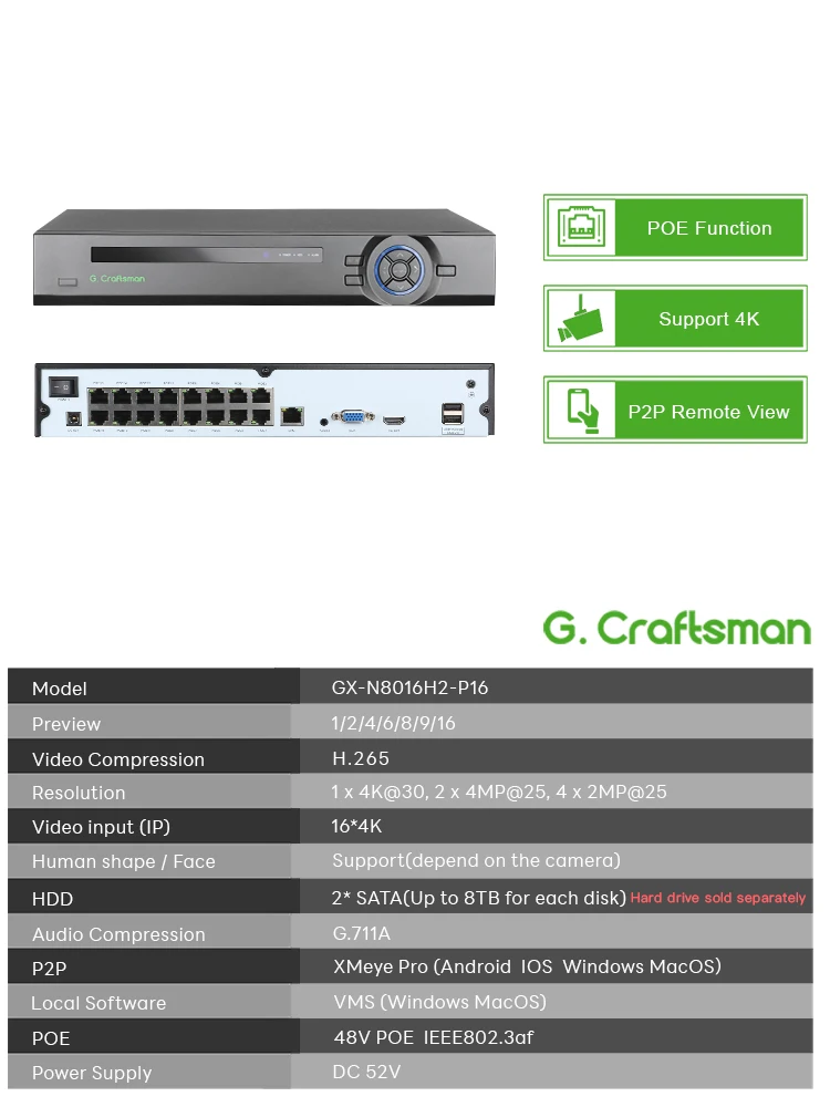 C-X 16CH PoE NVR Power & Video in One Cable Security System, H.265 Video Recorder 24/7 Recording&Playback GX-N8016H2-P16