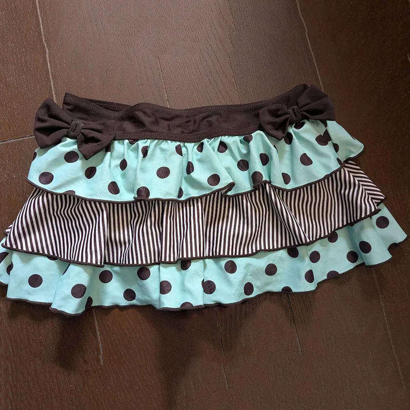 Y2K Sweet Ruffled Layered Cake Skirt Polka Dot Stripe Patchwork Bow Decor Elastic Waist A Line Mini Skirt