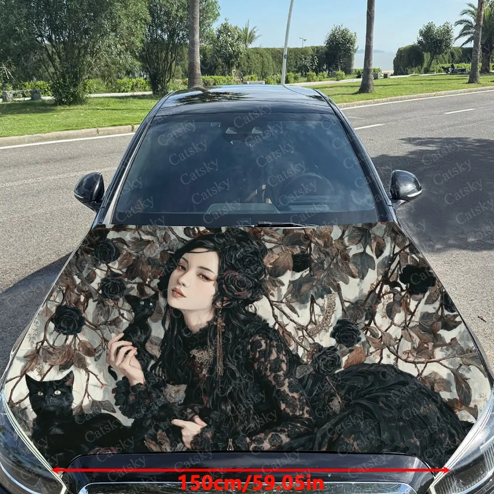 Black Cat Girl & Flower Vines Car Vinyl Wrap, PVC Material Waterproof Car Hood Sticker, Self-Adhesive Scratch-Resistant Stickers