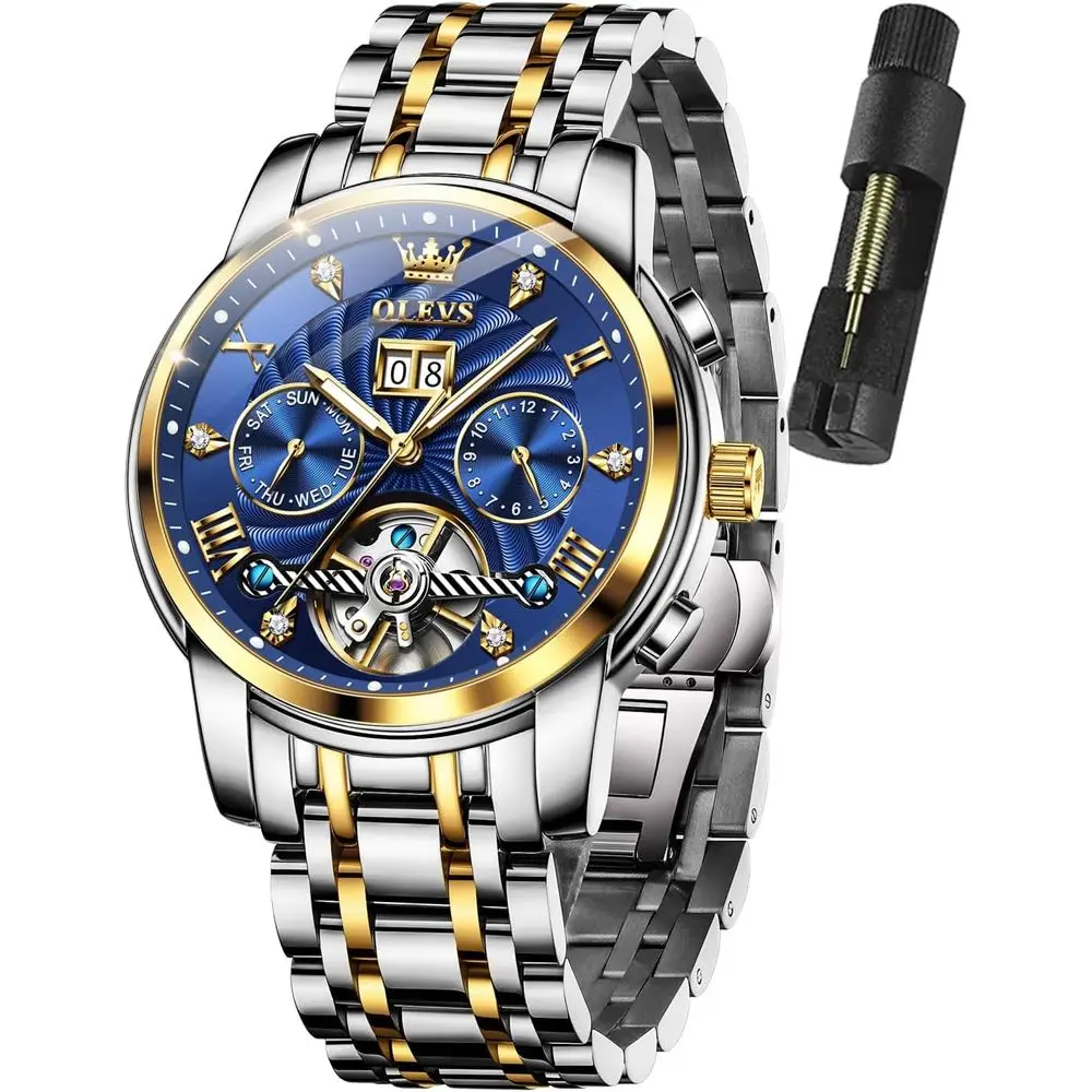 

Мужские автоматические часы OLEVS Skeleton с 5 стрелками, механические, классические, люксовые, с многофункциональным календарем, из нержавеющей стали, водонепроницаемые, наручные часы для мужчин
