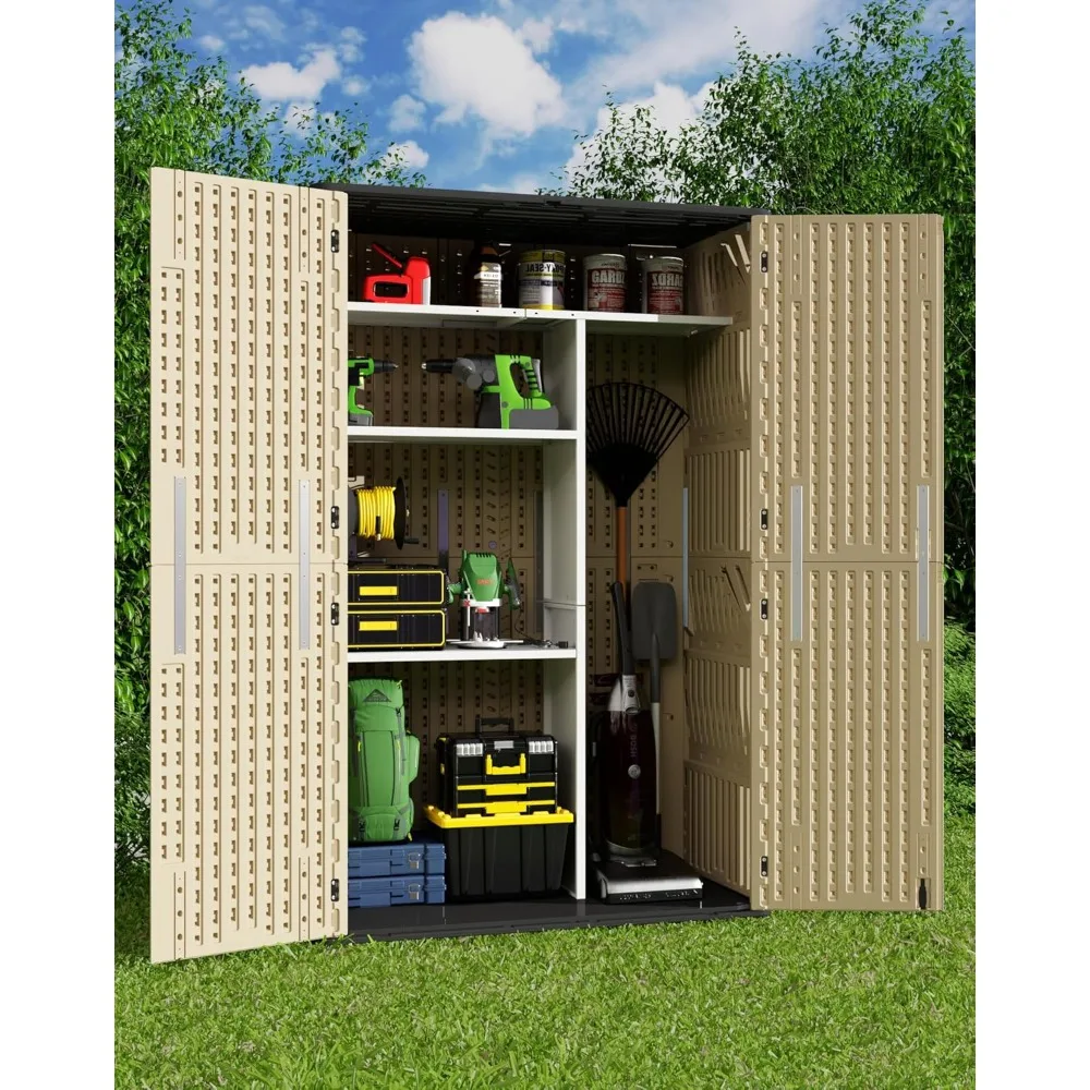 

Vertical outdoor storage shed, weatherproof outdoor high cabinet, lockable resin shed with double wall panels and flooring