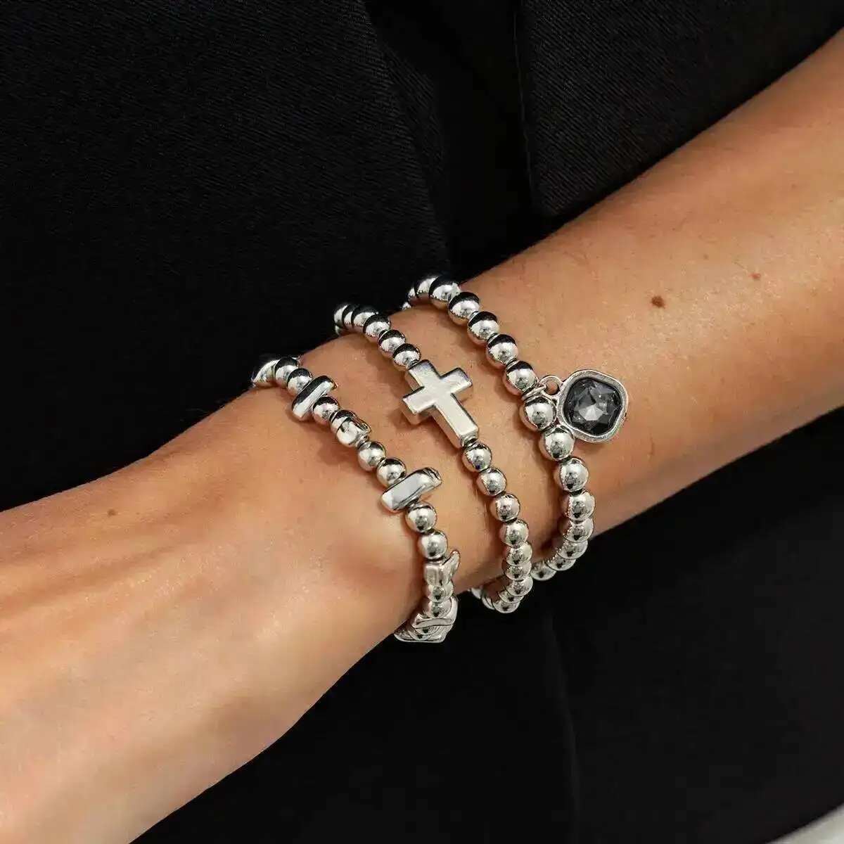SHIXIN 3Pcs/Set Vintage Cross Charm Beaded Bracelets for Women Fashion Charm Black Crystal Pendant Handmade Bangle Party Jewelry
