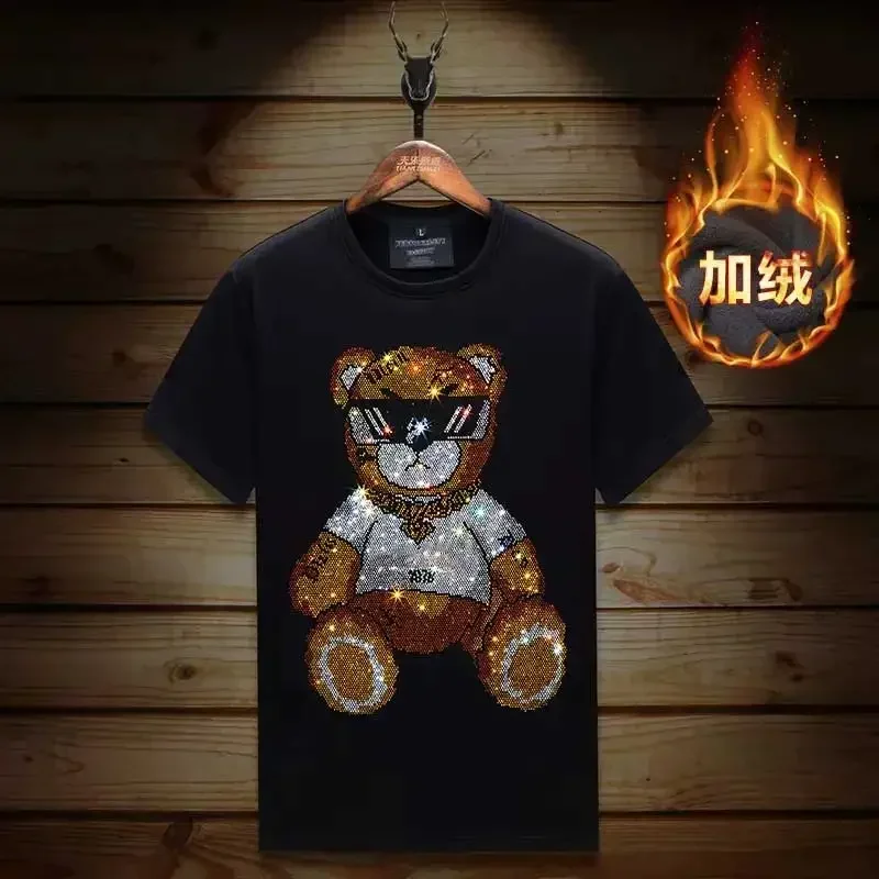 

Мужская футболка больших размеров со стразами и рисунком медведя, зимняя толстая бархатная модная уличная одежда с коротким рукавом и круглым вырезом, тонкие мужские футболки