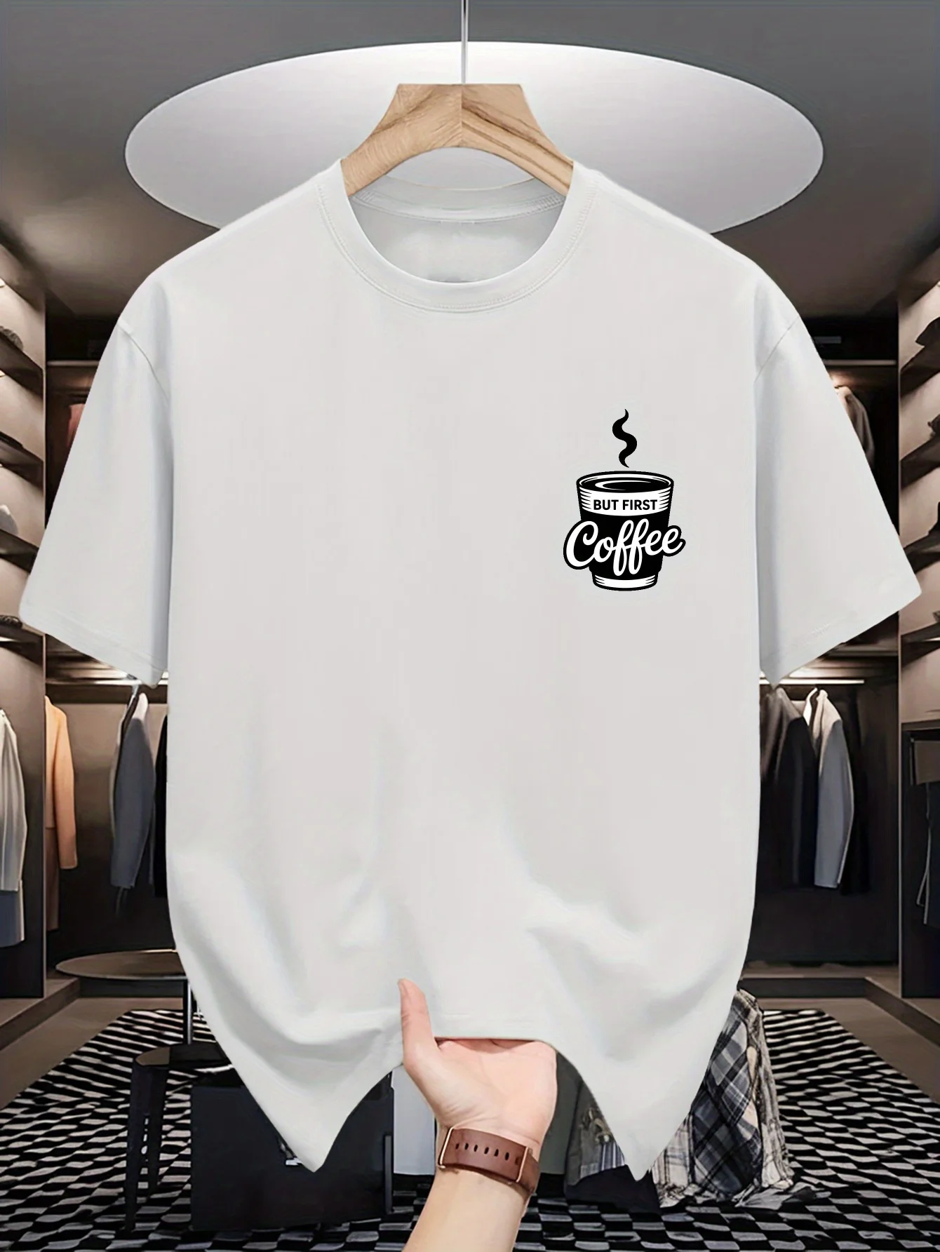 Mens Crew Neck T Shirt But First Coffee Pocket Size Cup Graphic Short Sleeve Casual Cotton Coffee Lover Urban Streetwear Tees