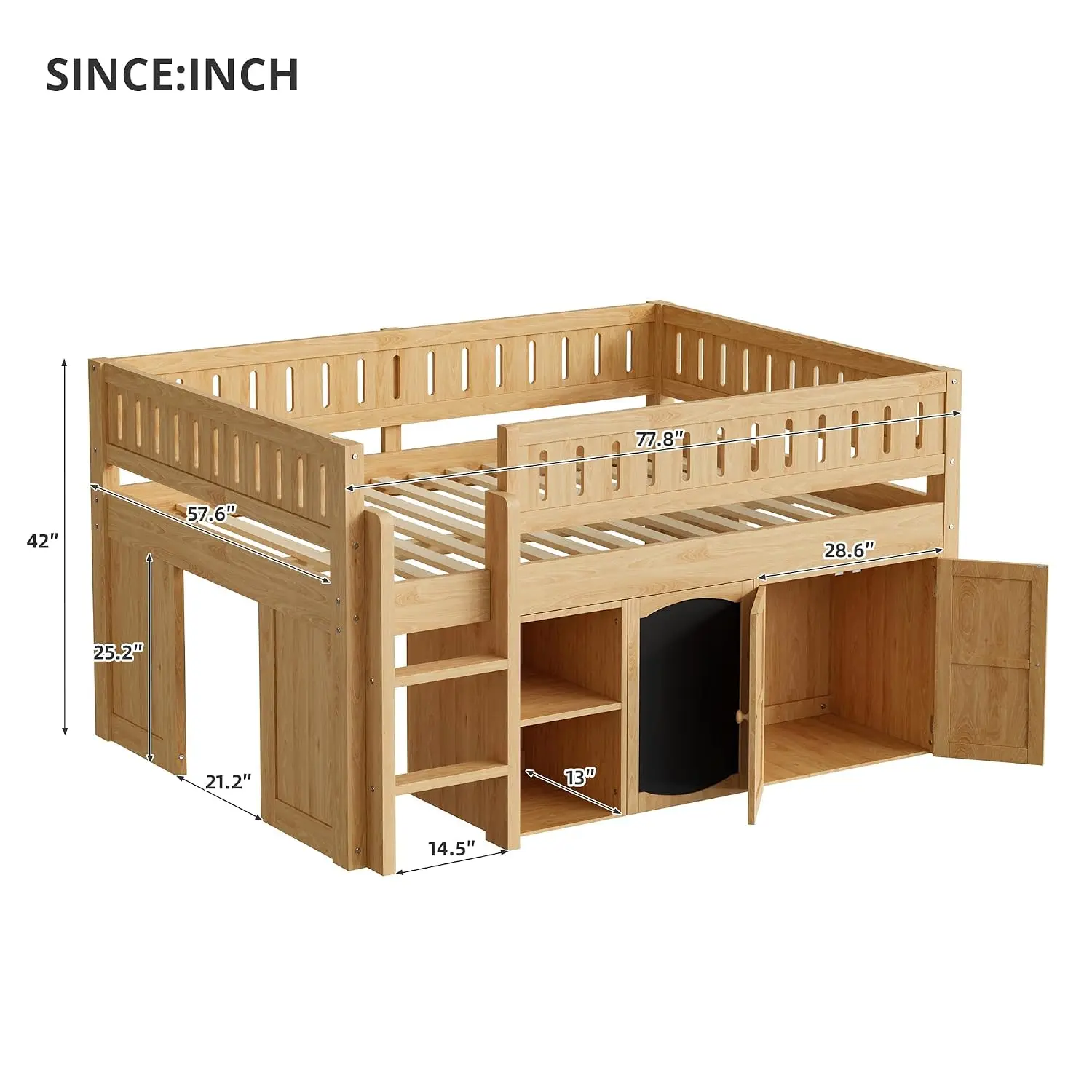 Full Size Low Loft Bed with Storage Cabinet and Chalkboard Panel, Multiple Functions Wooden Loft Bed Frame with, Customized