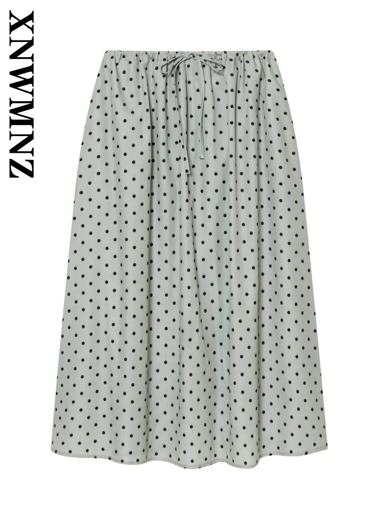 

XNWMNZ 2026 Новая летняя женская вечерняя повседневная юбка миди А-силуэта с эффектом мятости, винтажная, в стиле бохо, с принтом в горошек, приталенная, с завязками