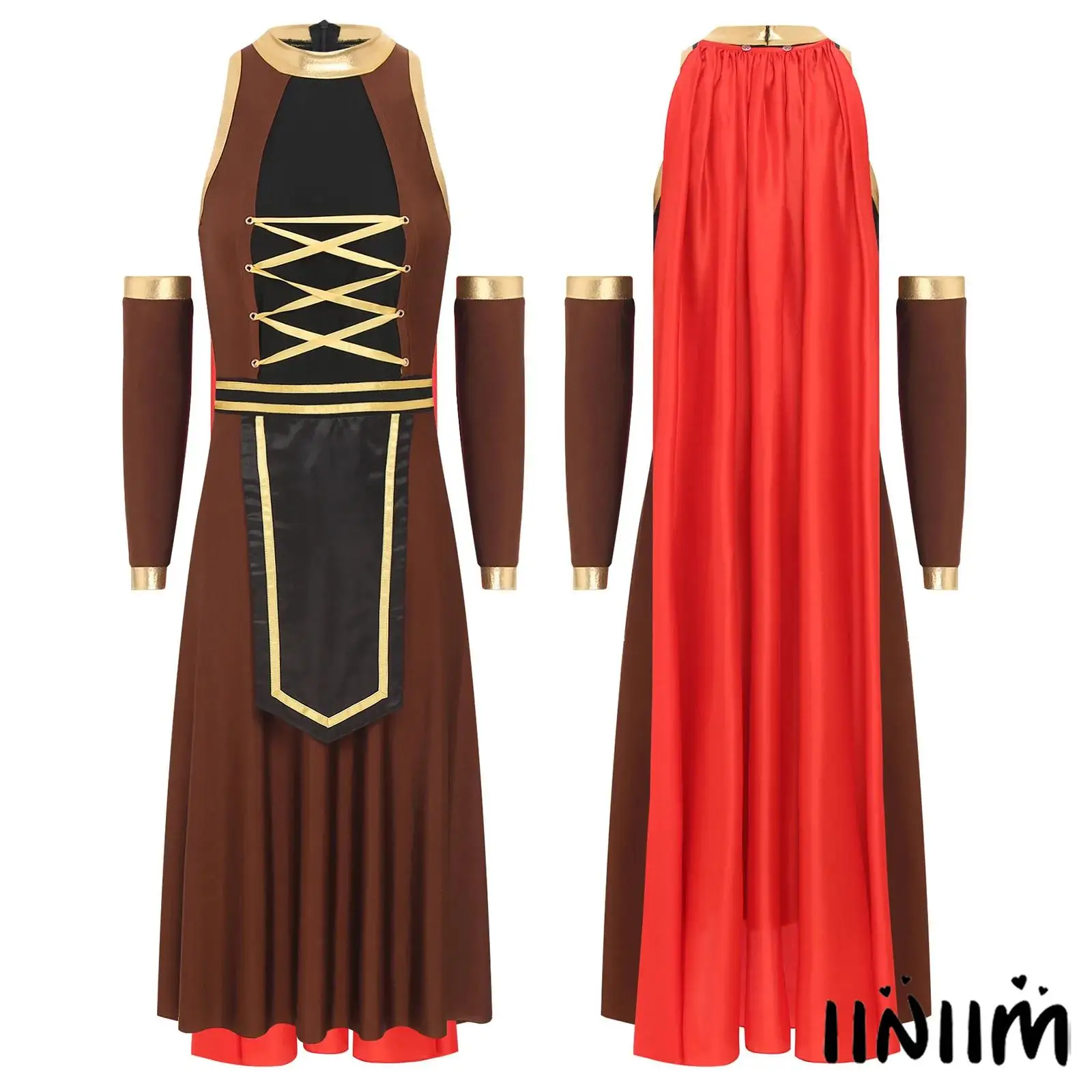 

Womens Ancient Roman Female Warrior Cosplay Contrast Color Dress with Sleeves And Cloak Gladiator Dress-up Themed Party Costume