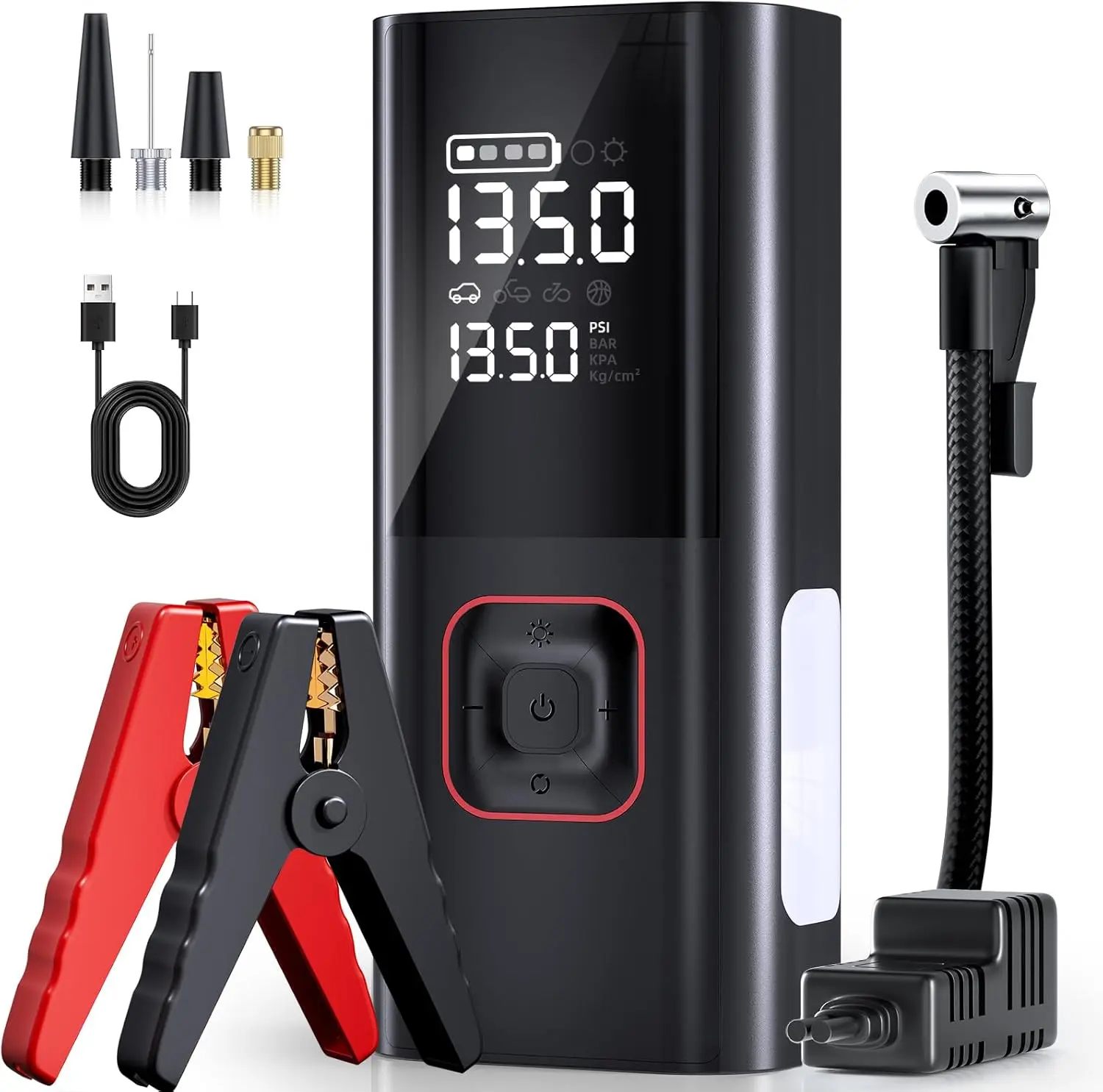 

5000A Jump Starter with Air Compressor, 160PSI Tire Inflator for Cars/Trucks, Portable Power Bank & LED Light