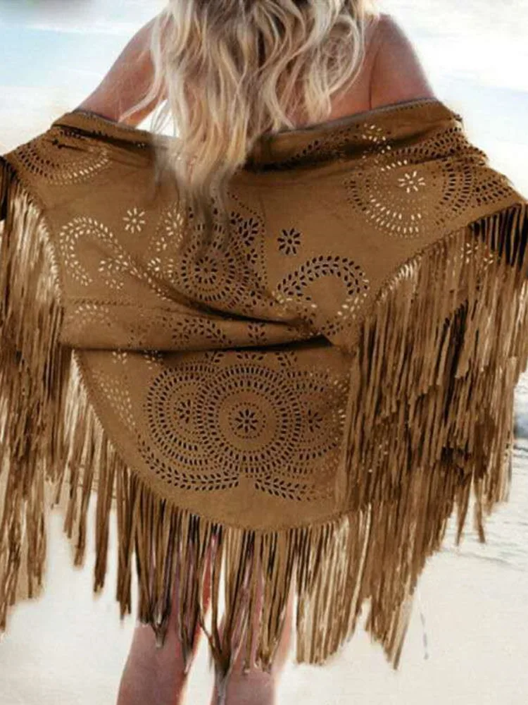 2023 New In Camel Suede Floral Hollow Out Fringe Tassel Shawl Women Vintage Bohemian Capes Ponchos Beach Cardigan Boho Cloak