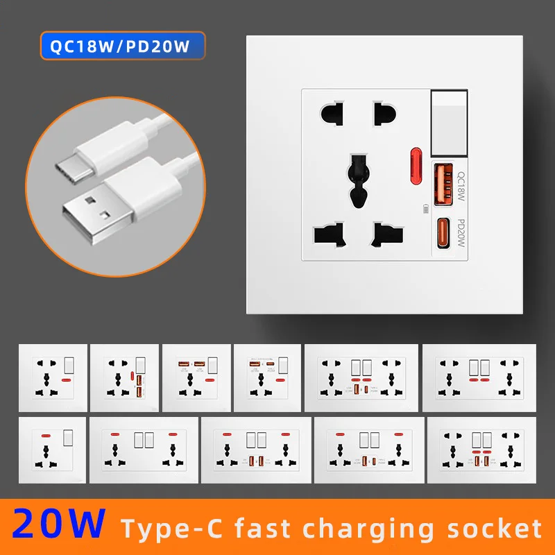 International universal five-hole socket with smart dual usb Type-C20W, fast charging wall usb C power socket panel AC110V-250V