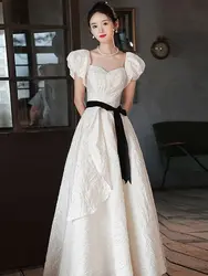 White Satin Jacquard Evening Dress French Off Shoulder Quinceanera Dresses Elegant Slim  Lace Up Bow Wedding  Party Gown