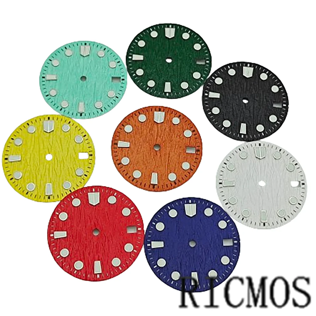 

Циферблат часов 28,5 мм с окошком даты бирюзовый/синий/белый/оранжевый/красный/зеленый цвет зеленый светящийся для NH35 NH35a аксессуары Запчасти