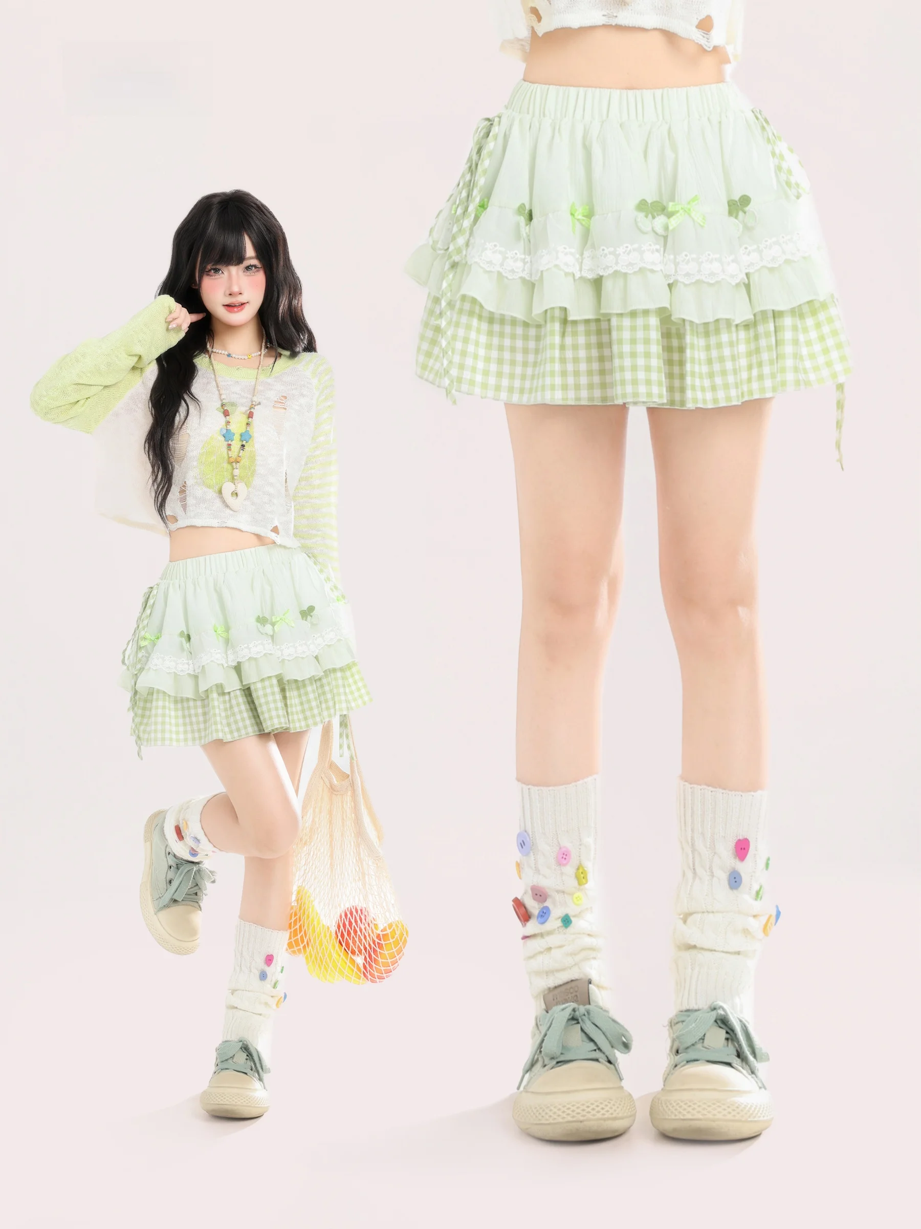 

Новая женская летняя пышная юбка HTYM с кружевом и клетчатым узором, с завышенной талией, утягивающая, с бантом, короткая многоярусная юбка-трапеция на резинке