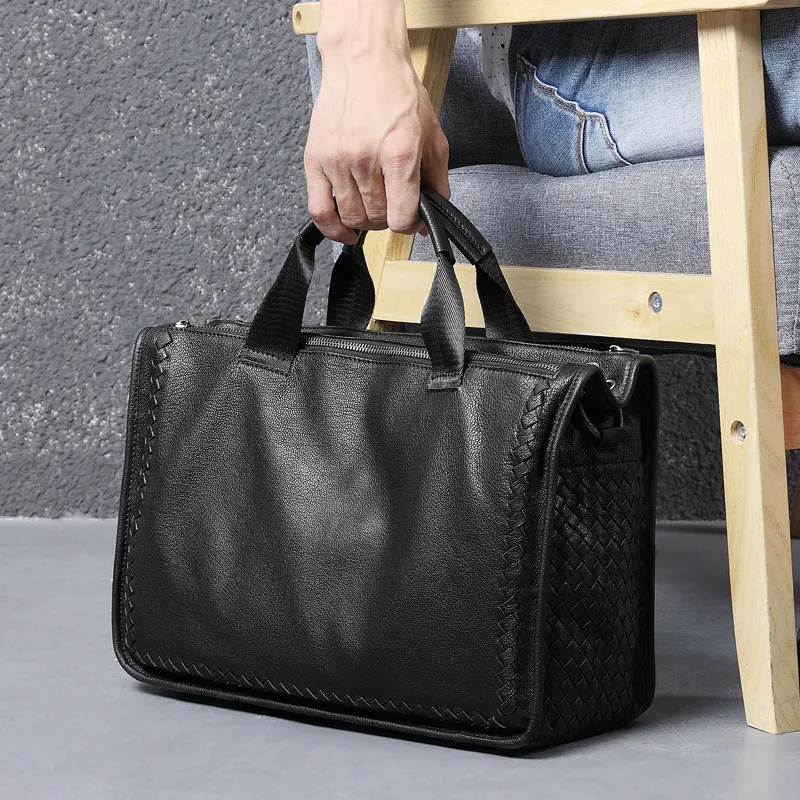 Genuine Business Single Shoulder Handheld Laptop Sheepskin Briefcase Woven Crossbody Men's Messenger Luxury Briefcases Men