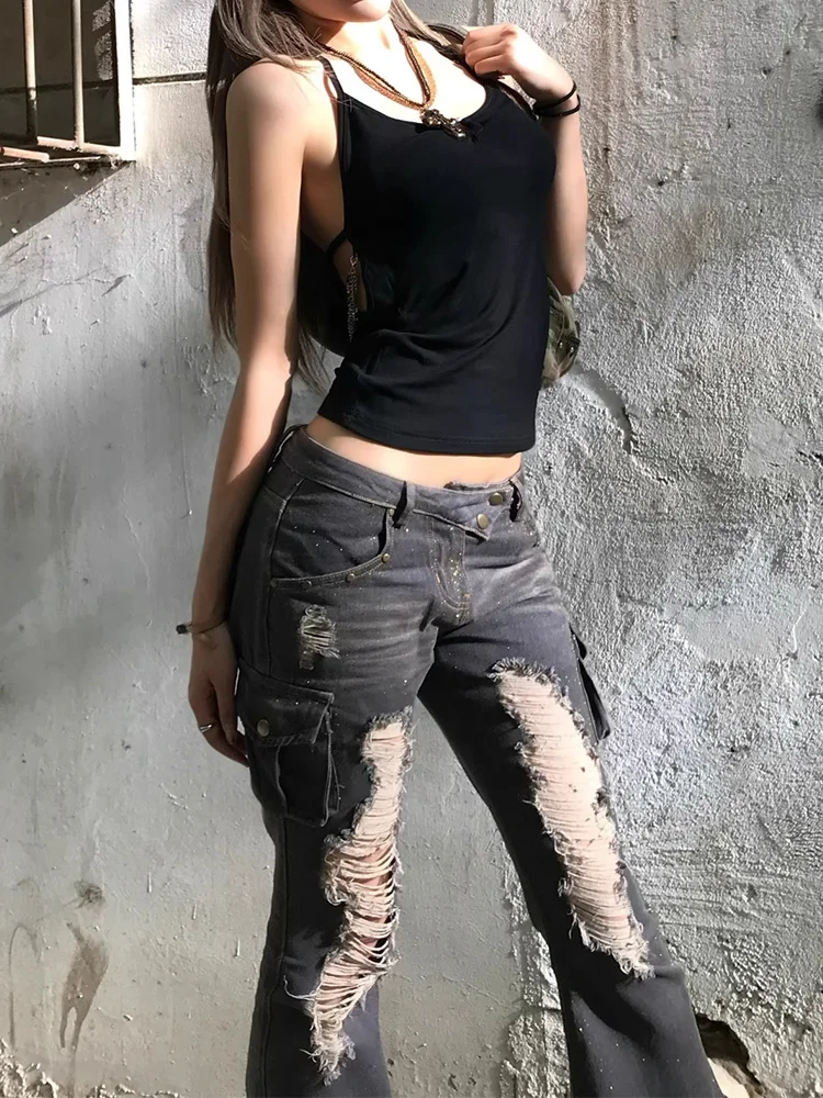 

Women Vintage Streetwear Multi-Pocket Ripped Jeans Y2k American Retro Hip-Hop Flare Pants High Waist Loose Denim Cargo Pants