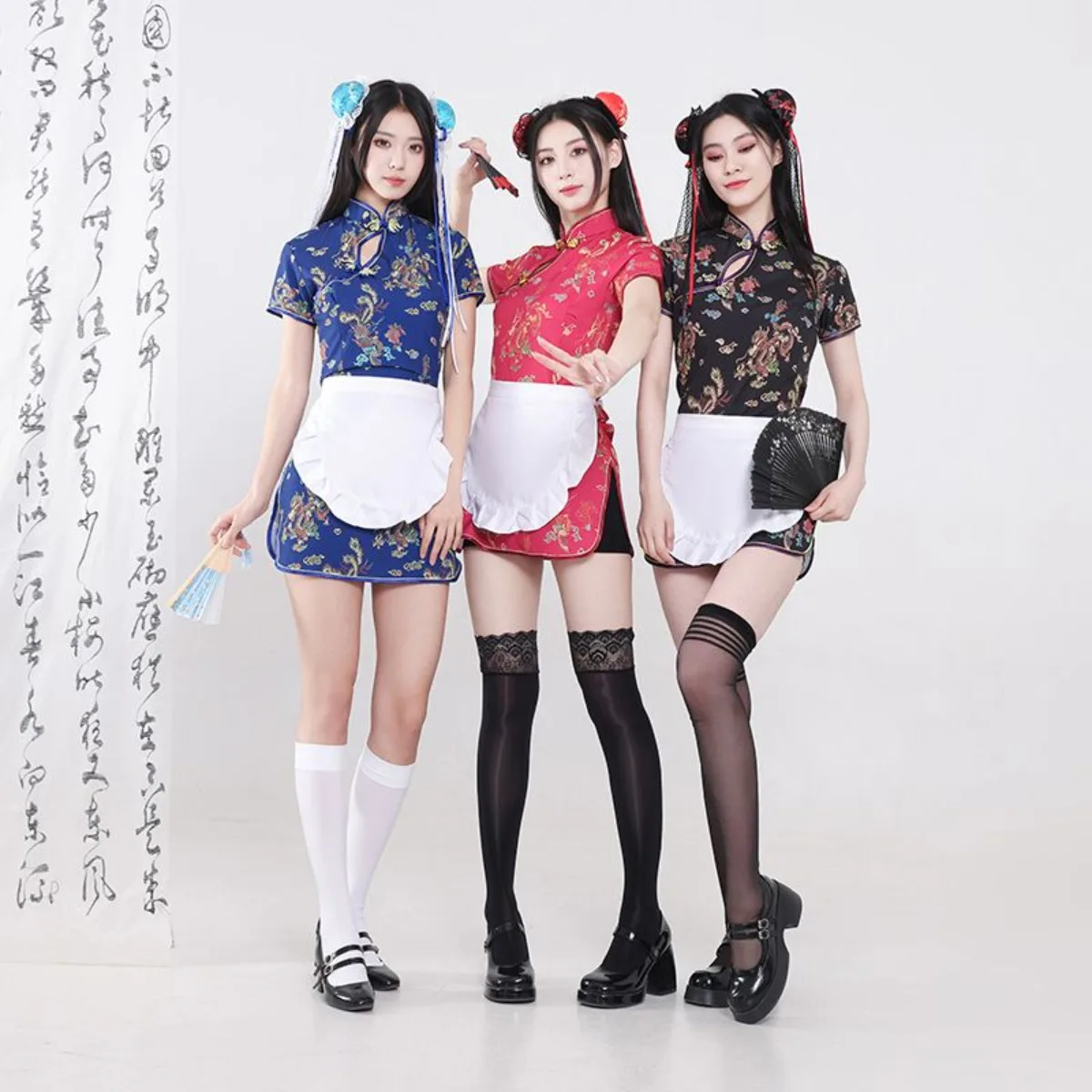 زي تنكري لفتاة الشيف الصينية، فستان تشيباو قصير بفتحة رقبة مائلة، مريلة خادمة لوليتا كوس ملابس نسائية صينية