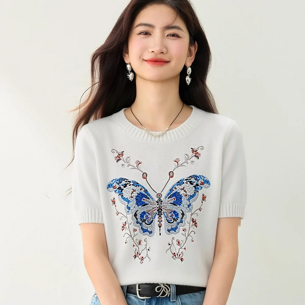 

Новая летняя модная минималистичная белая женская футболка в стиле ретро, повседневная, с круглым вырезом, с вышивкой бабочек и цветов, приталенная, с коротким рукавом, для девушек