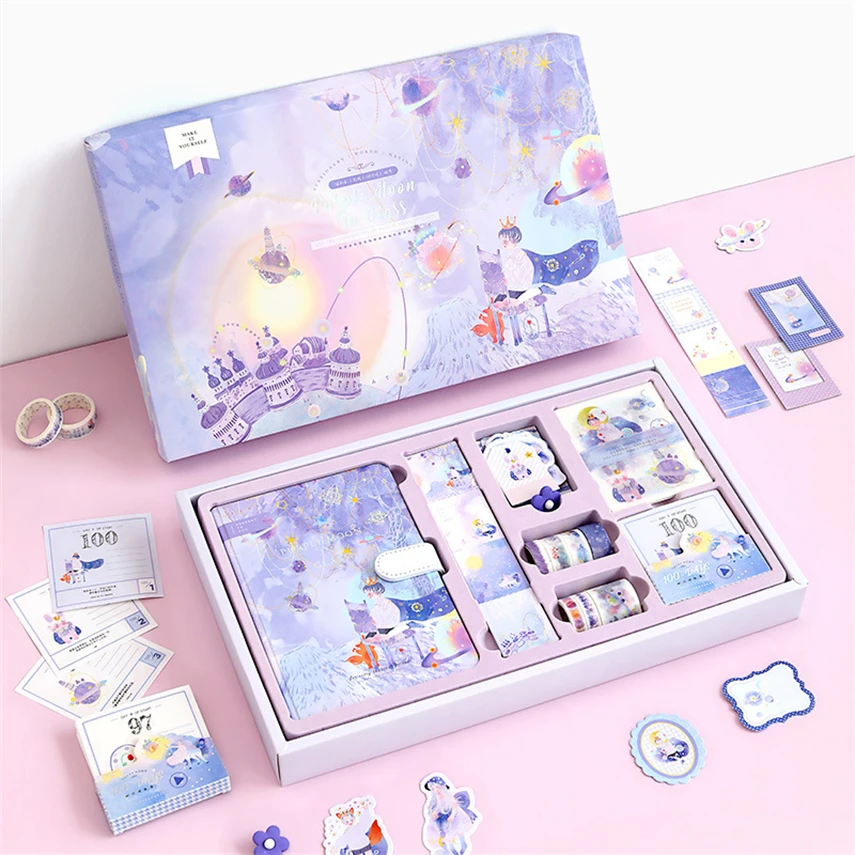 147 Pcs Notebook Girl Kawaii Material Gift Box Set Stickers Washi Tape Ruler Gold Foil Card Planner Note Paper Cute Flower Clamp