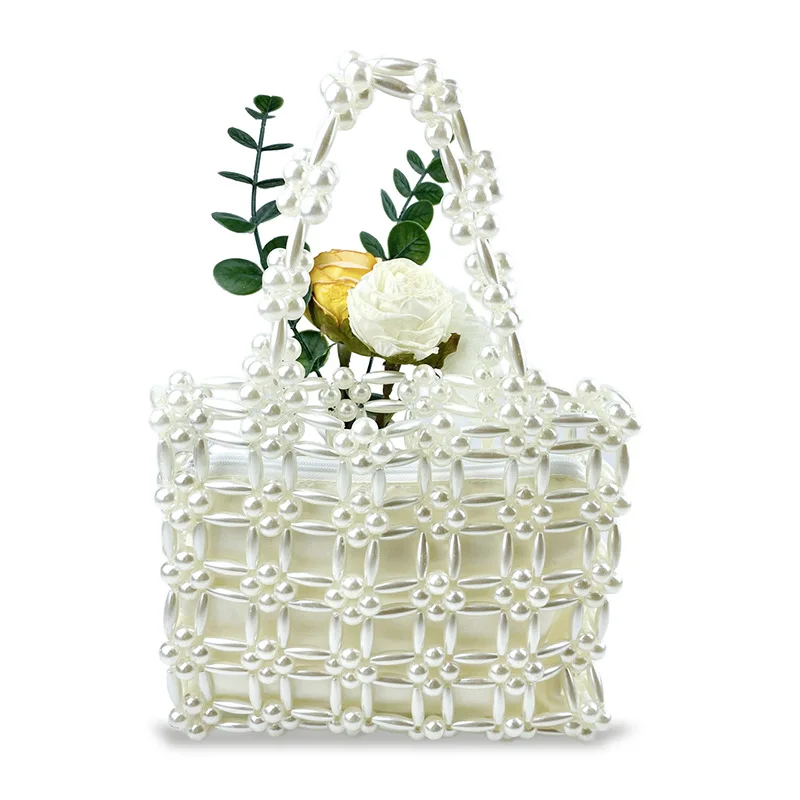 SHINE High Sense Small Square Bead Bag 2024 Sweet Flower Hollow Out Pearl Beaded Cosmetic Bag Female Beach Tote Handbags