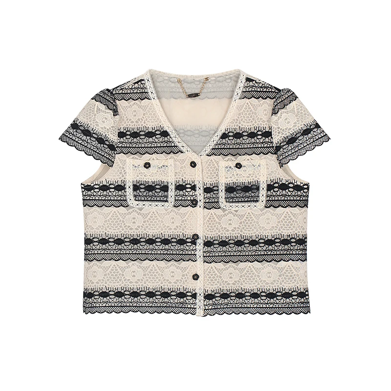 

Элегантная кружевная рубашка с короткими рукавами в стиле ретро, привлекательный темпераментный топ, новая модная светская пара с вырезами