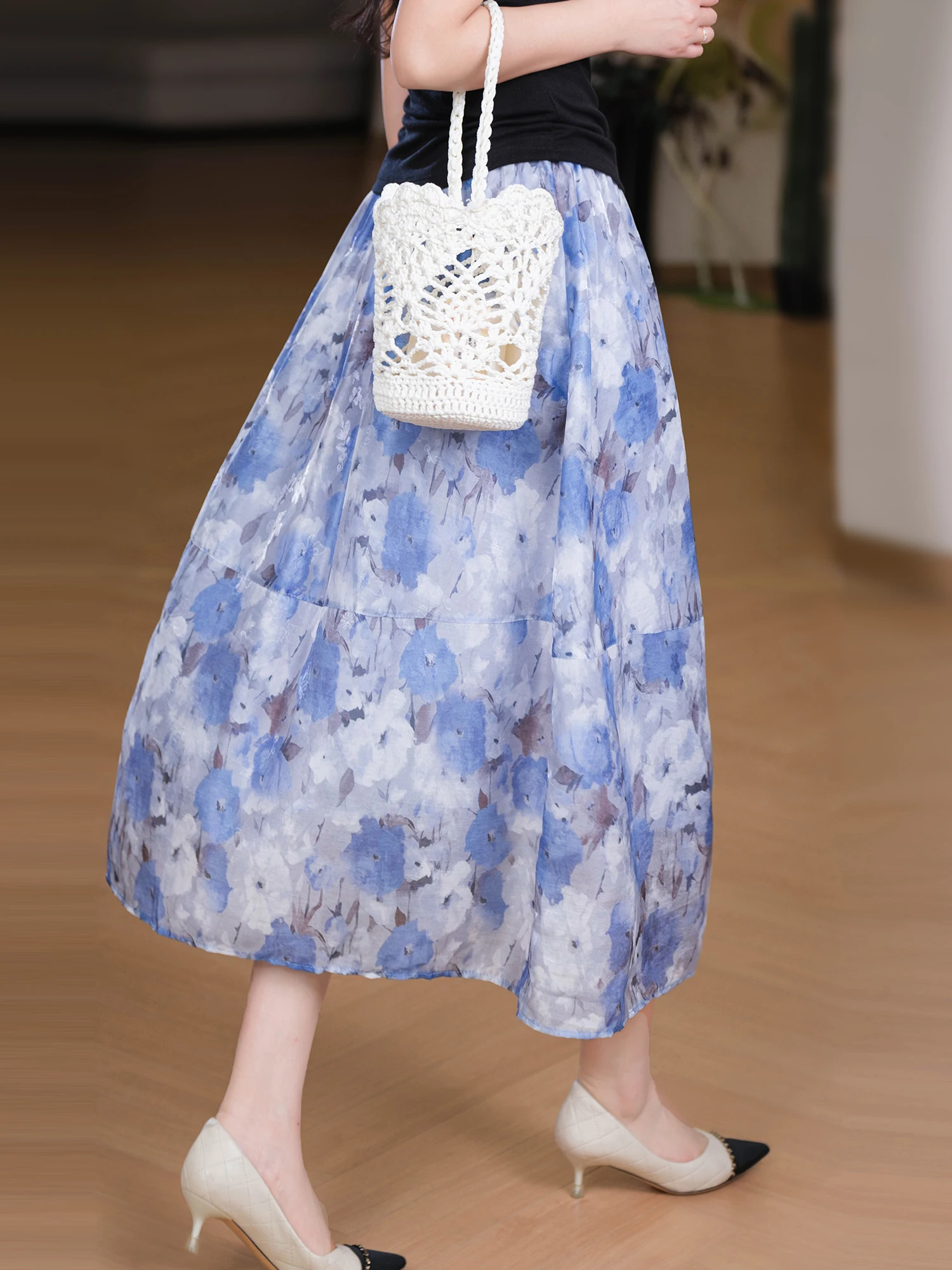 

Lace Skirt with Print Floral Design Soft Mist Oil Painting Elastic Waist Breathable Ladies Half-length Skirts Loose Fit Style