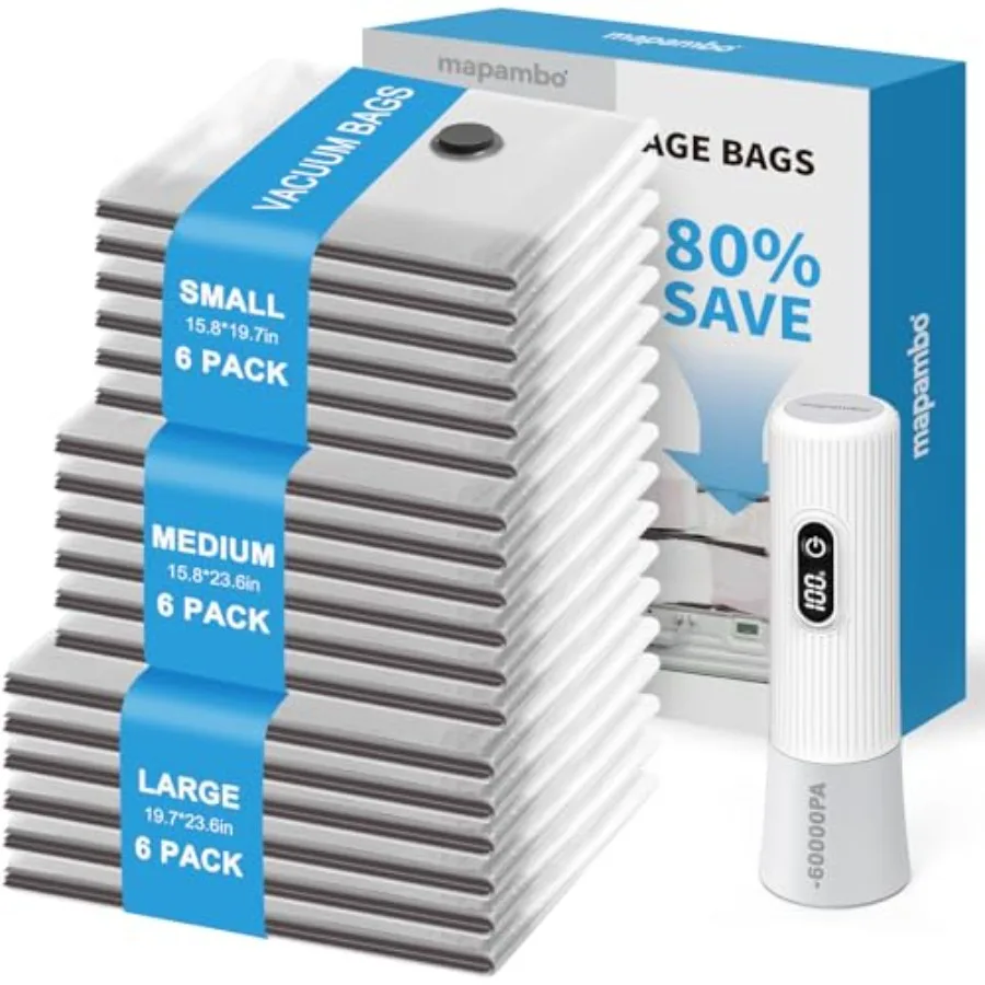 

Вакуумные пакеты для путешествий с электрическим насосом LED на 60000 Па: компактные пакеты для хранения одежды в путешествиях, экономия места за 3 секунды