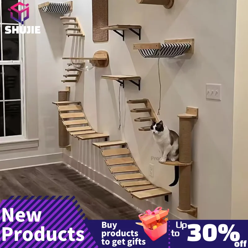 Estantes de escalada para gatos montados en la pared, casa para gatos, puente para gatos, hamaca para gatos con poste rascador y pedales o escalera para gatitos