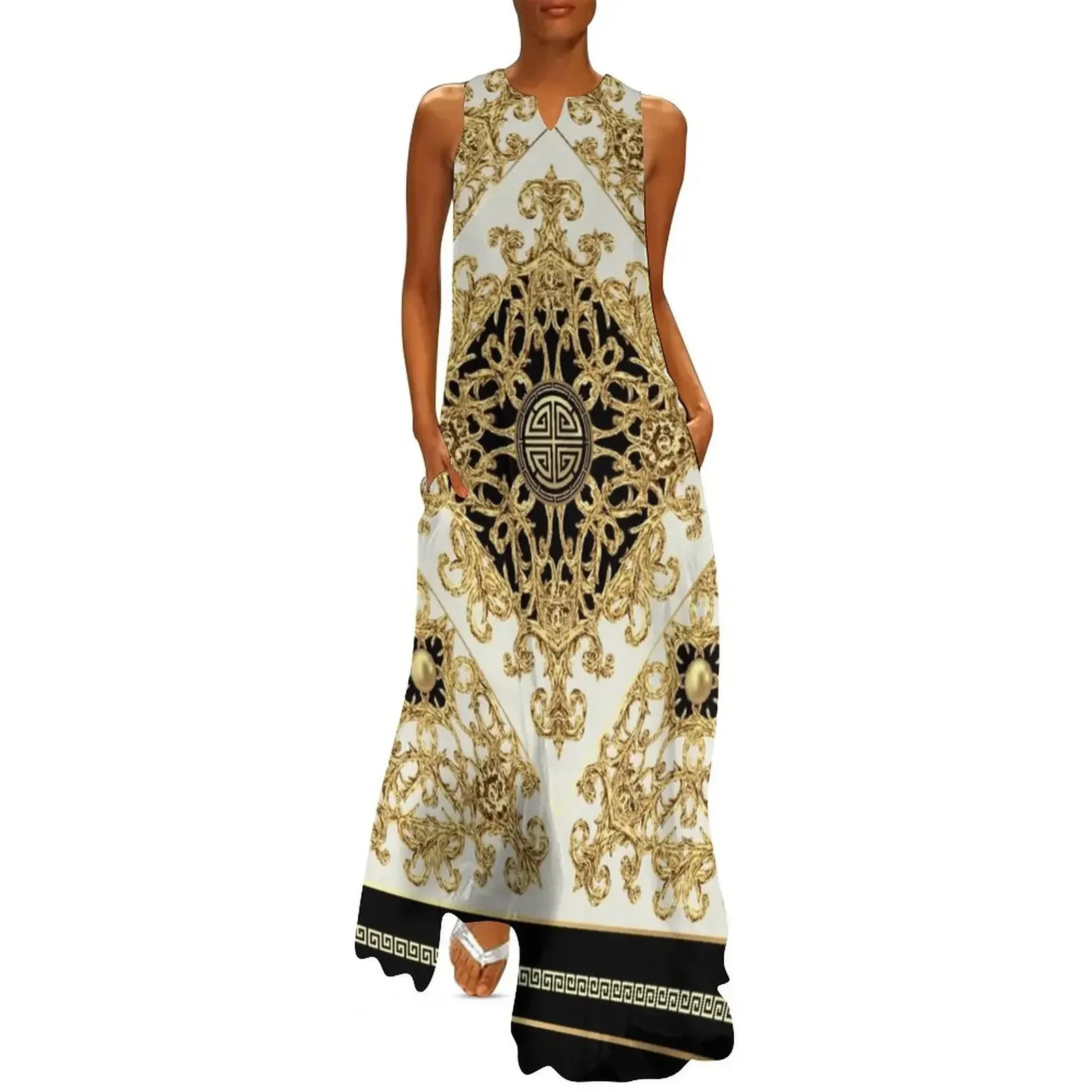 

Greek Key Diamond Ornate Baroque Black Gold Cream Long Dress Woman clothes women's summer dress 2025 Dress