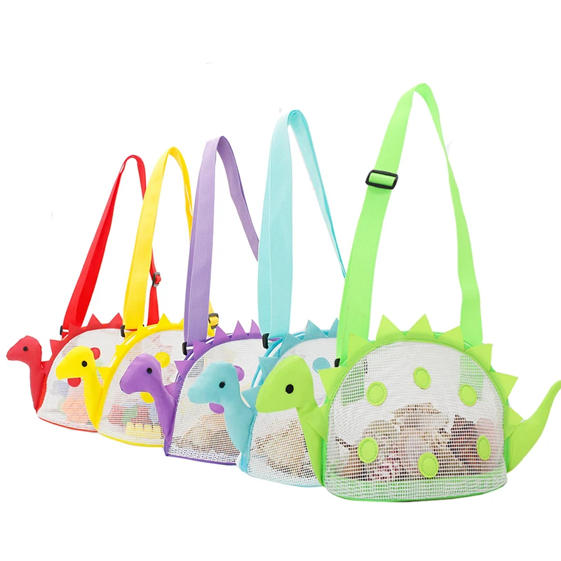 Sac de plage en maille colorée pour enfants, sac de mer pour enfants, sac de rangement pour jouets de plage, petit sac en maille réglable avec fermeture éclair, dinosaure, coquillage