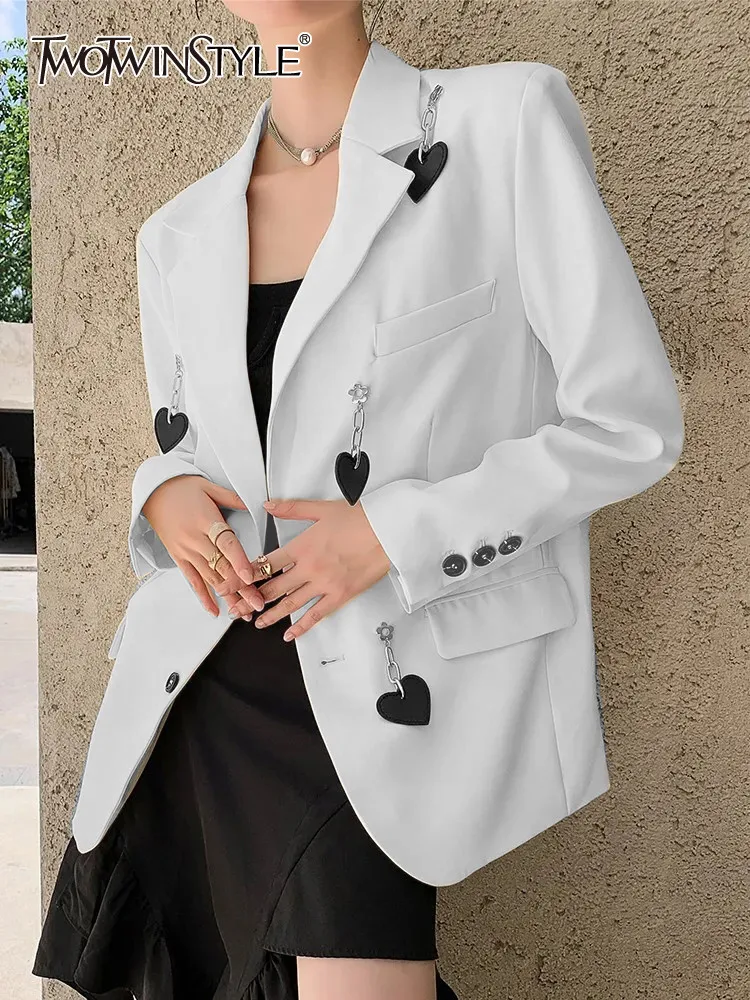 TWOTWINSTYLE Patchwork Chain Blazer For Women Notched Collar Long Sleeve Spliced Single Breasted Casual Blazers Female Fashion