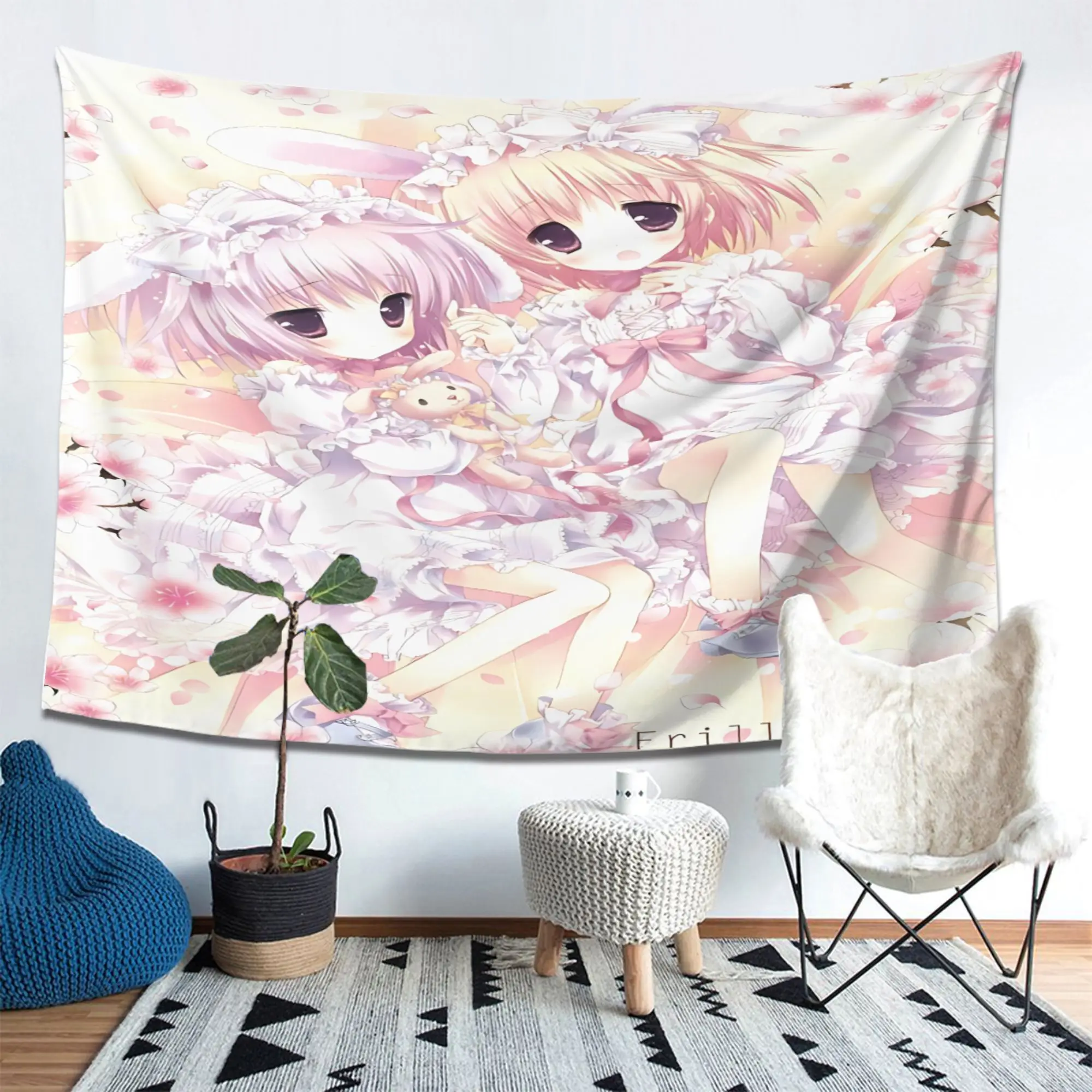 Pink Lolita Bunny Girl Anime Wall Tapestry Sakura Aesthetic Cute Kawaii Room Decor For Cutecore Room Decor Girls Bedroom Dorm