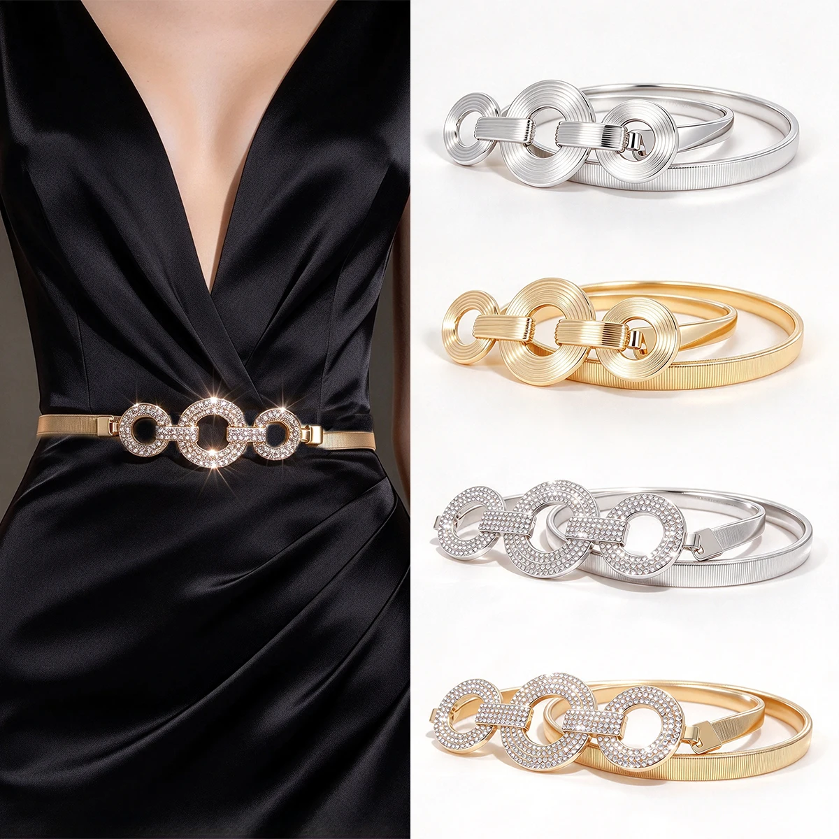 Fashion Elastic Gold Chain Belt Rhineston Designer Belts For Women High Quality Luxury Stretch Waistband Dress Metal Strap Girls