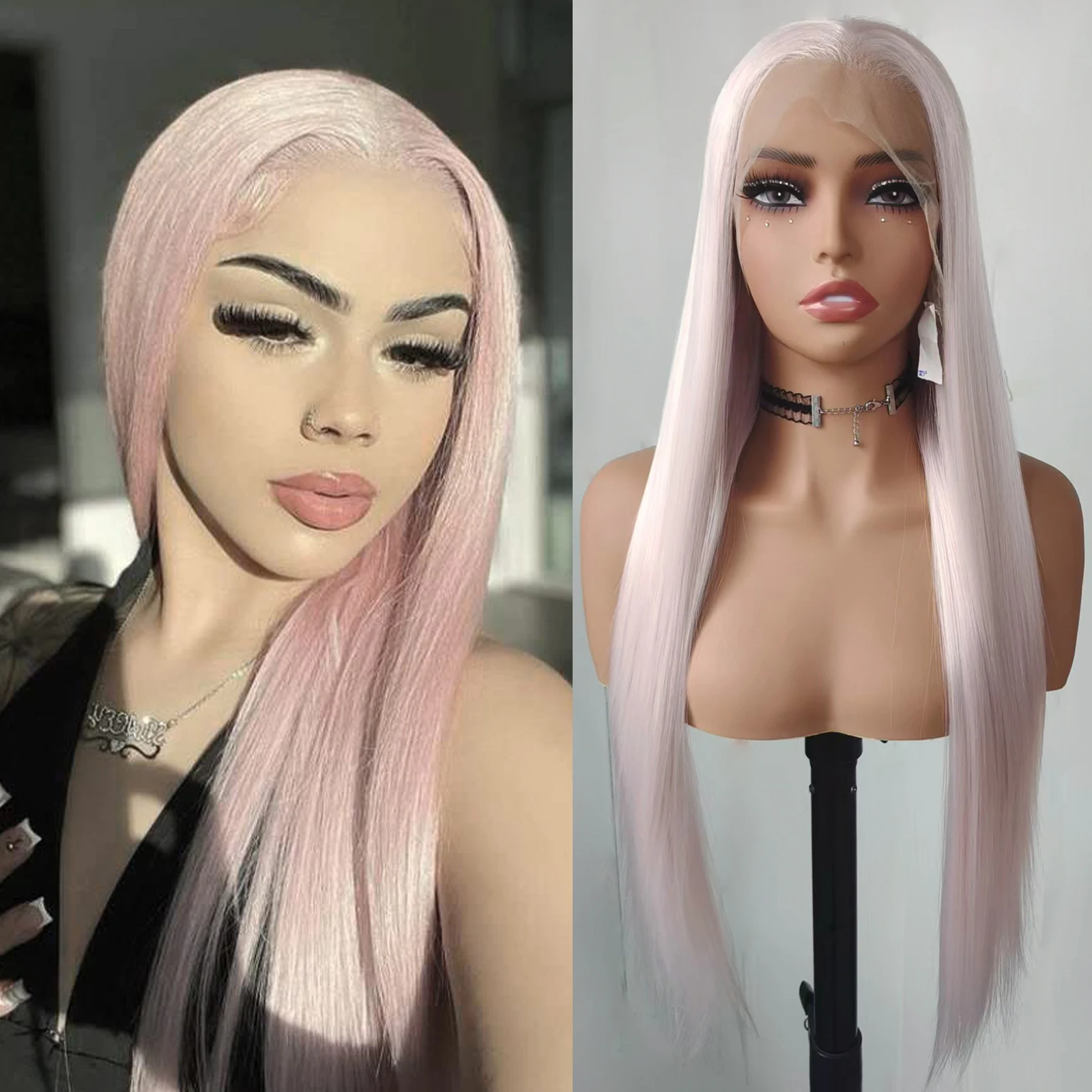 

WIF Pale Pink Synthetic Wig Women Daily Use Natural Hairline 13 x 4 Lace Front Wig Long Straight Free Part Hair