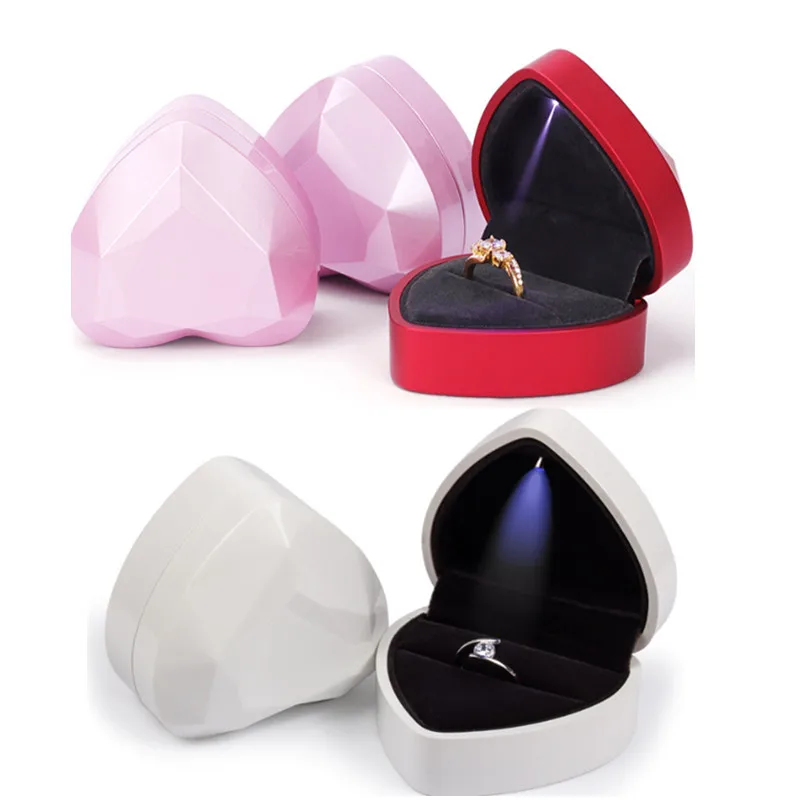 

1PC Heart Shaped LED Light Ring Box Velvet Jewelry Display Gift Storage Case Wedding Engagement Proposal Anniversary Boxes