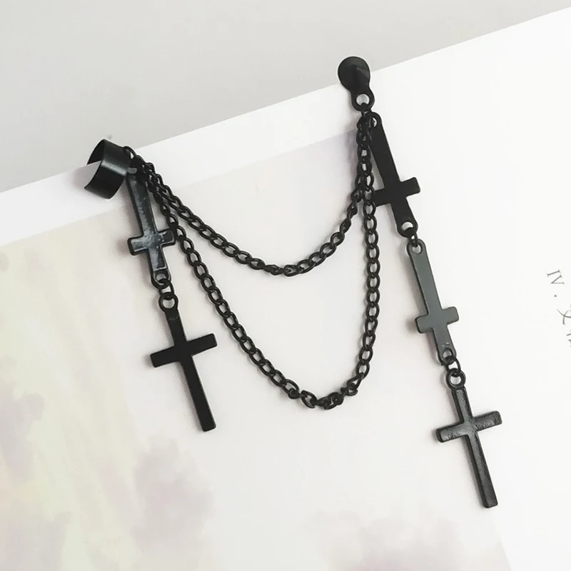 Punk Black Cross Tassel Drop Earrings Gothic Double Layer Chain Earbone Clip Earrings For Women