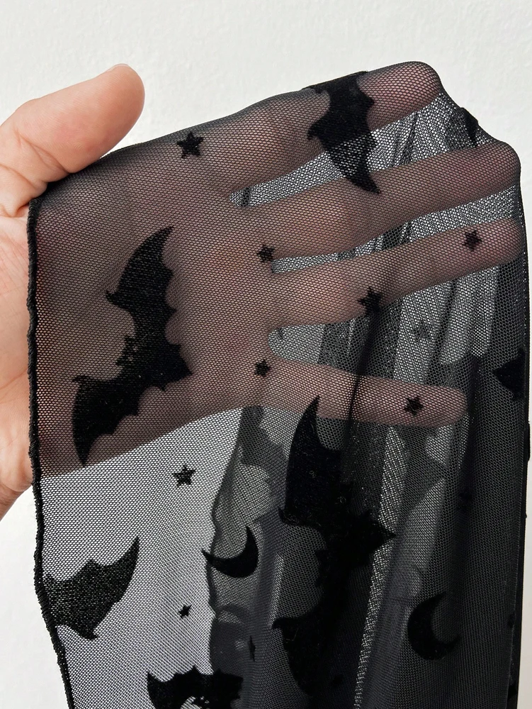 Talla grande Bat oscuro flocado flor tejido elástico talla grande Tops de mujer semitransparente cuello redondo manga larga